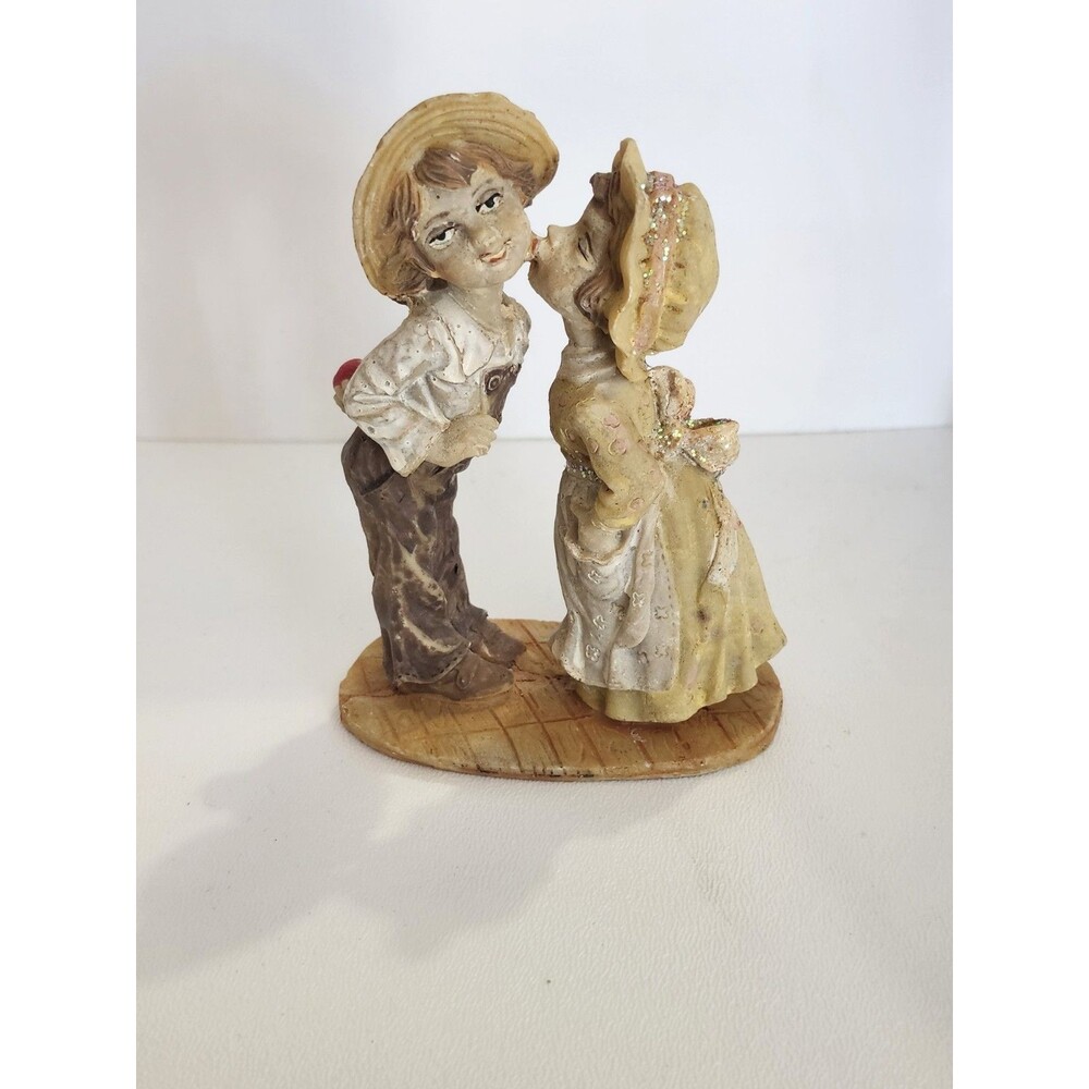 Vintage Resin Figurine Girl Kissing Boy Holding Apple Glittery Accent Sweetheart
